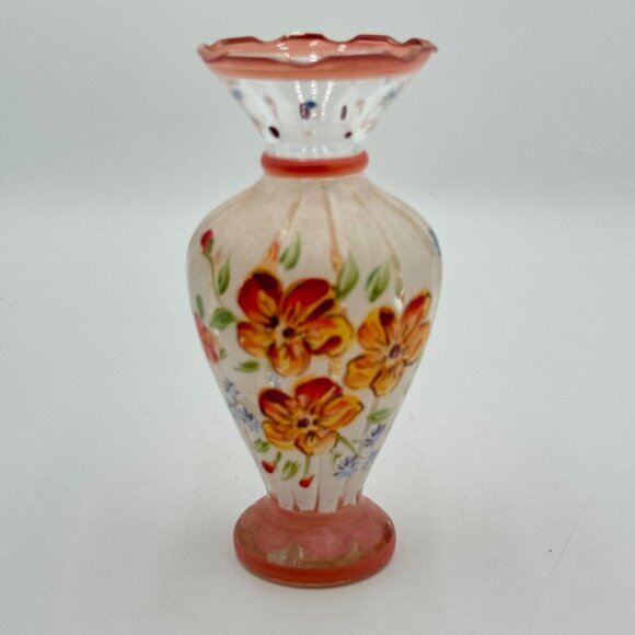 Tracy Porter Hand Painted Clear Blown Glass Bud Vase Floral Flowers Ruffled Edge - Picture 7 of 10